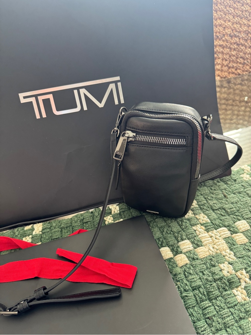 Tumi Black Leather Small Crossbody Phone Pouch